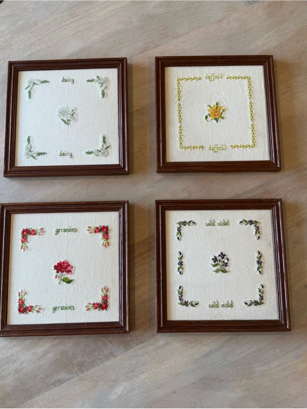 Set of Four Floral Embroidered Wall Frames - Brown